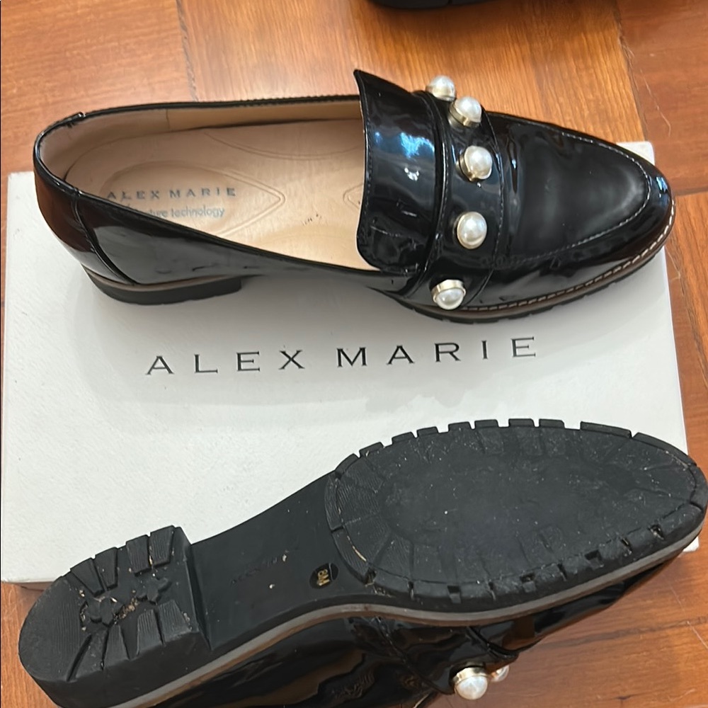 Alex Marie Black Leather Flats with Pearl Studs